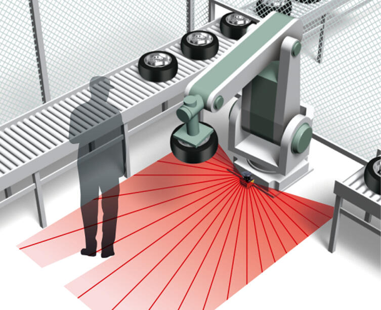 Sikkerhetslaserskanner Hokuyo UAM-LPA overvåker en industrirobot og et transportbånd med et rødt beskyttelsesfelt.