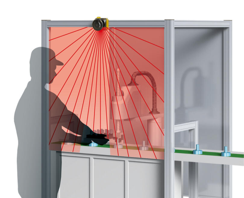 HOKUYO UAM-LPA sikkerhetslaserskanner overvåker et vertikalt beskyttelsesfelt med røde laserstråler foran industrielt utstyr.
